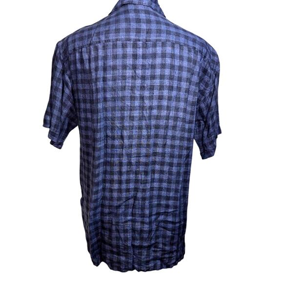 M.G. Gordon XL Blue Black Plaid 100% Linen Short Sleeve Button Casual Shirt - Picture 3 of 8